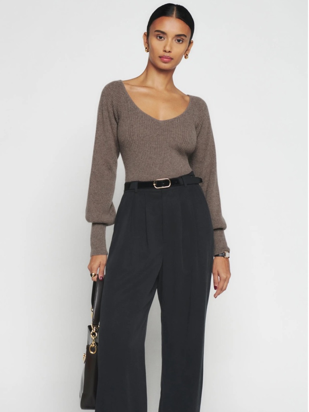 REFORMATION Hart Scoop Neck Cashmere Cocoa Ribbed Sweater Top